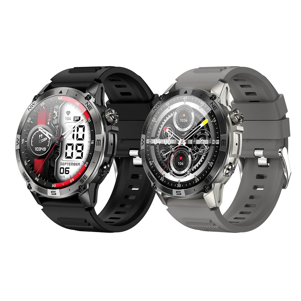 The HK08 in black and in grey side by side, showing the two strap and case colours