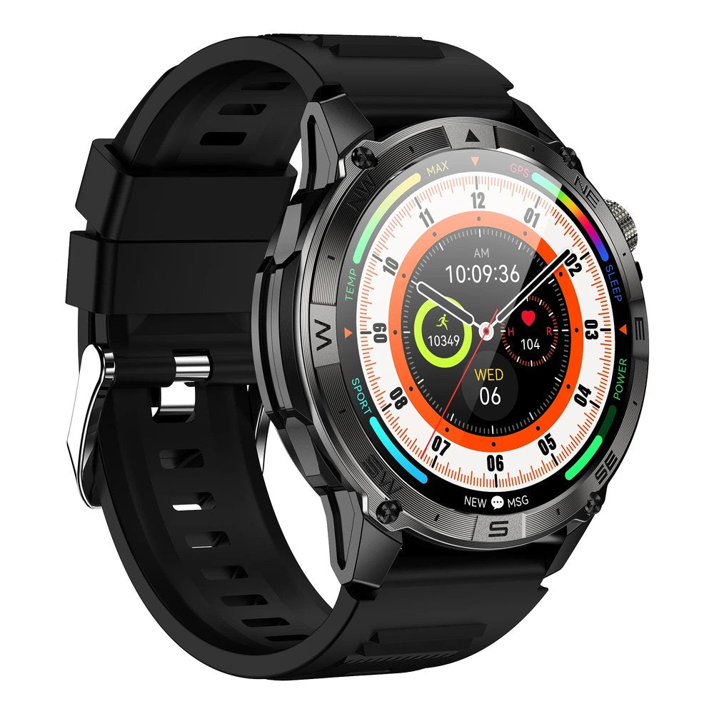 Black HK08 smartwatch from the side, showing the knurled crown, lower button and buckle