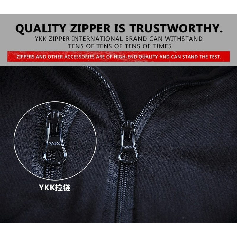 Close-up of the hooded-cut shirt's front zip with pull tabs marked YKK