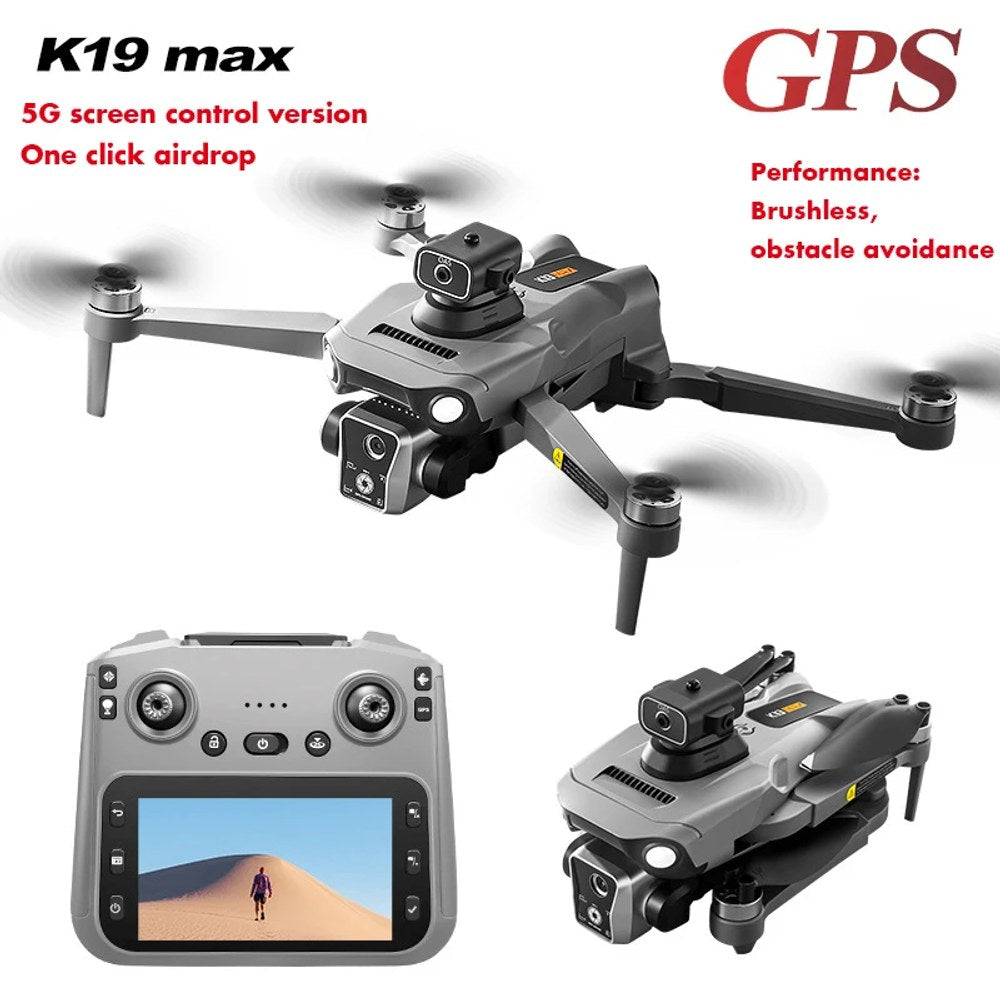 K19 Max GPS drone shown folded and unfolded with its screen remote control