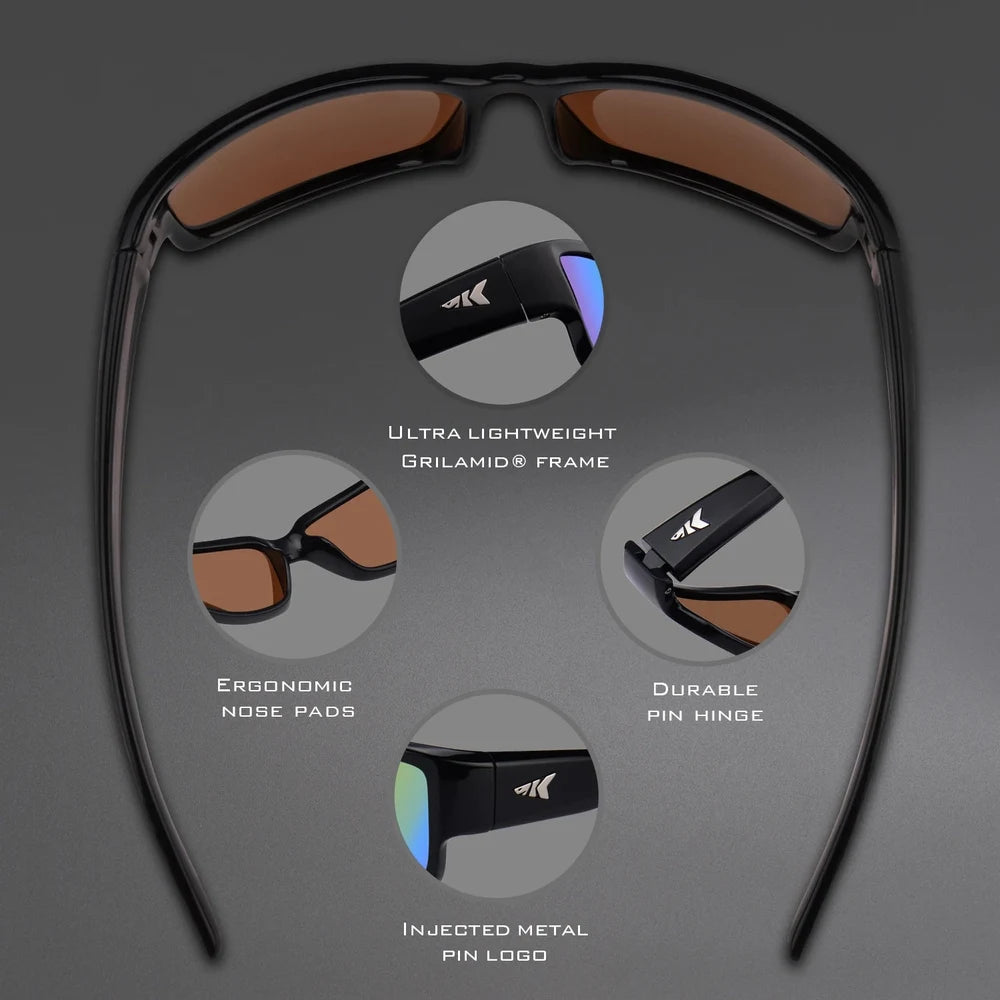 Inside of the Skidaway frame: moulded nose pads, pin hinges and the metal KastKing logo pin