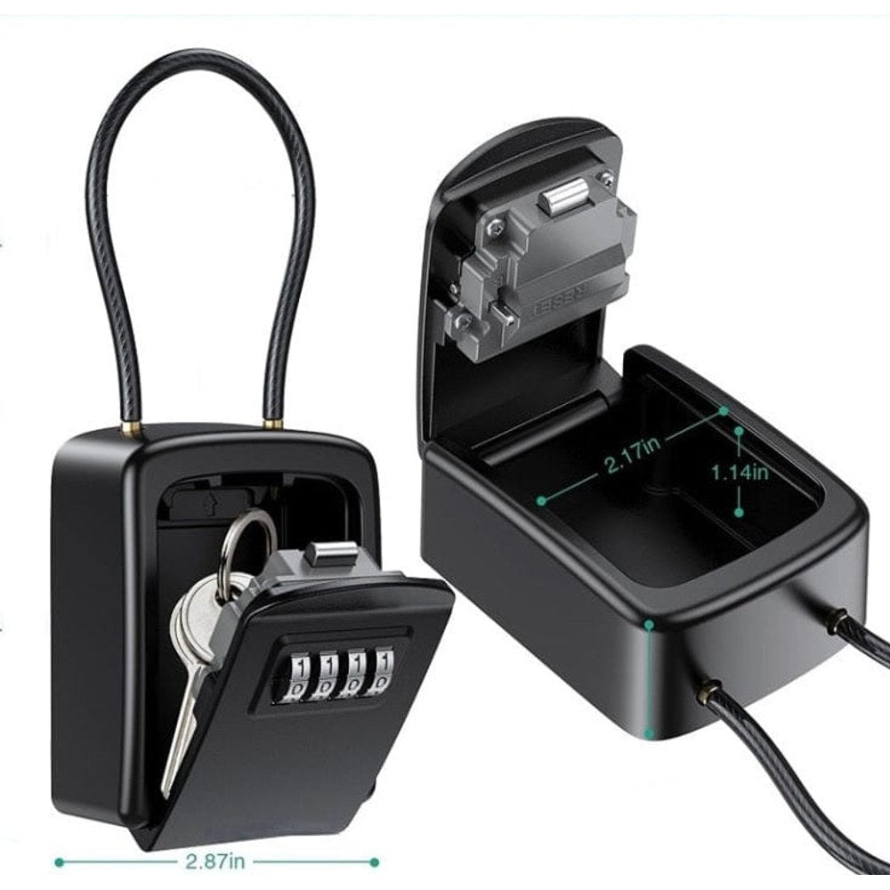 All-black cable shackle key safe shown closed with its steel cable loop and open with keys inside