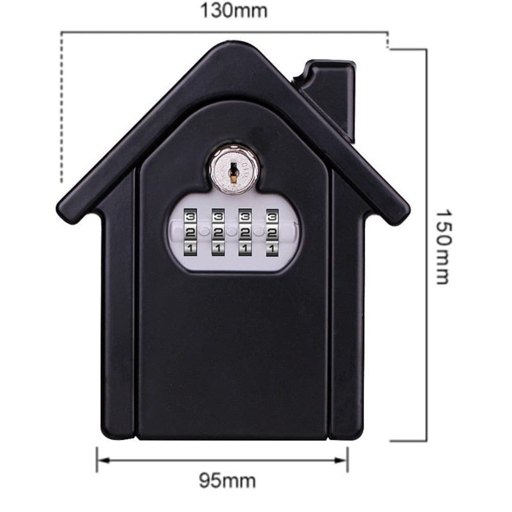 Black house-shaped large key safe with key override and four dials, marked 130 mm across the roof, 150 mm high and 95 mm across the body