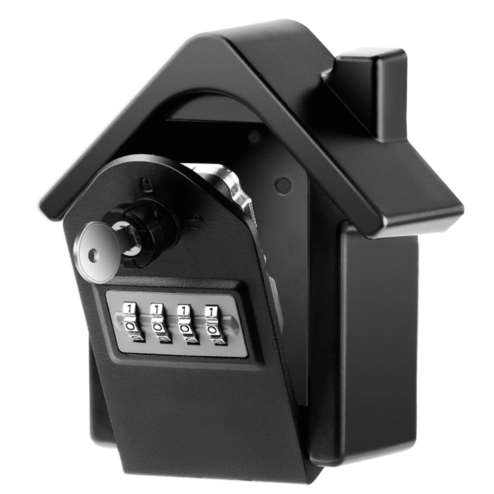 Angled view of the all-black large key safe with its key override and four dials
