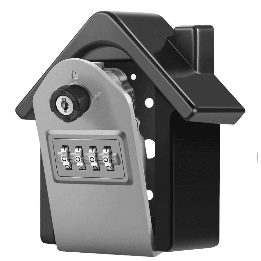 Angled view of the grey-face large key safe with its black roof, key override and four dials