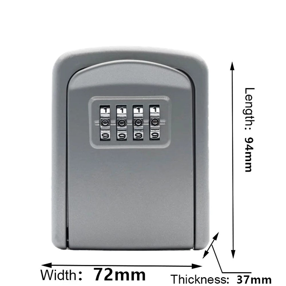 Silver aluminium wall mount key safe with a four-dial combination lock, marked 72 mm wide, 94 mm high and 37 mm deep