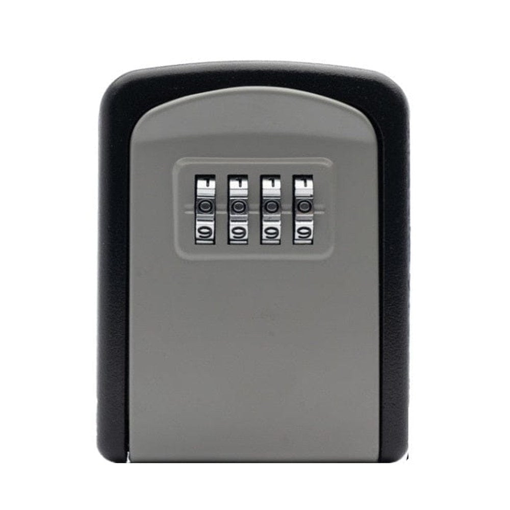 Front of the wall mount key safe with a black frame, grey face and four combination dials