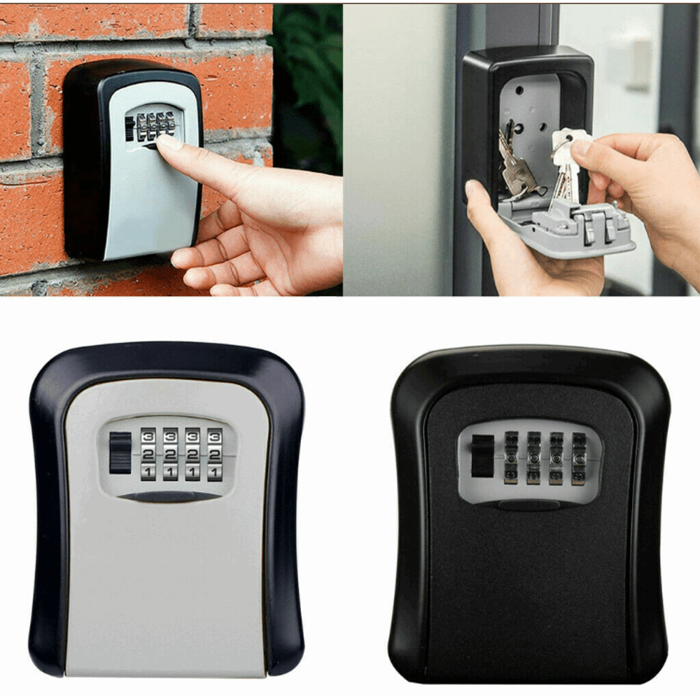Key safe dialled on a brick wall and opened beside a door frame, with grey-face and all-black wall mount boxes below