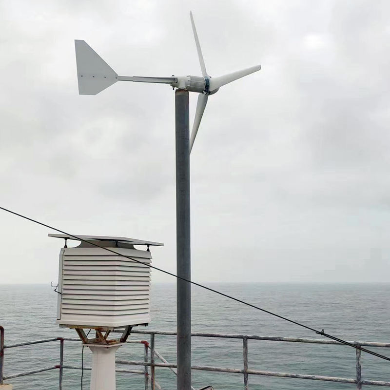 Horizontal-axis wind turbine on a steel mast beside a weather station overlooking the sea — representative L-series family photo