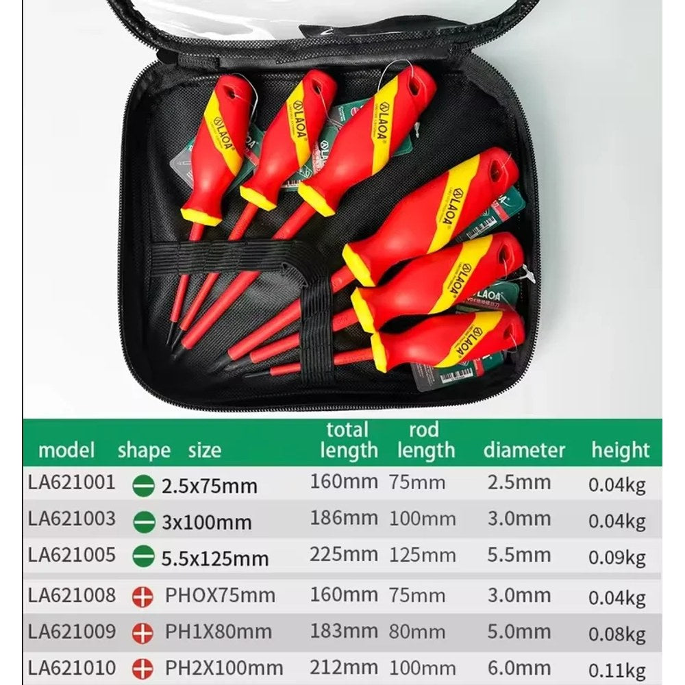 Six red and yellow LAOA insulated screwdrivers in a zip pouch, with the maker's size chart: three slotted and three Phillips