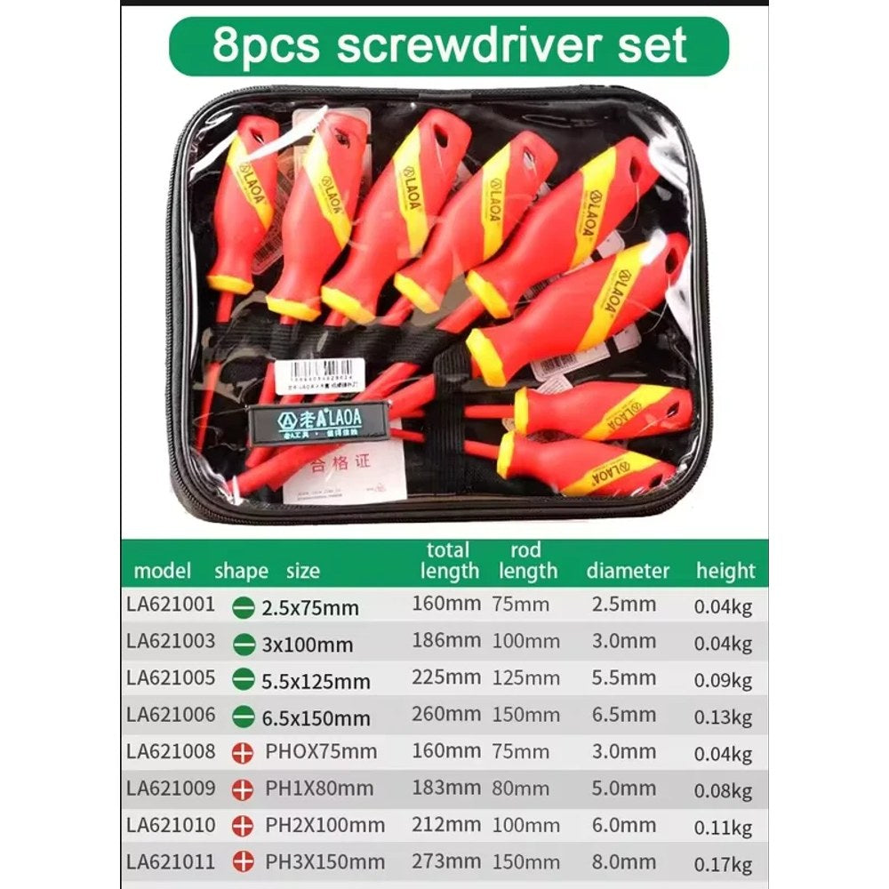 Eight LAOA insulated screwdrivers in a clear zip pouch, with the maker's size chart: four slotted and four Phillips