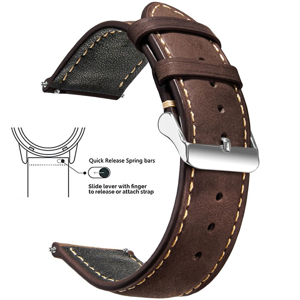 Dark Brown, Silver Buckle waxed leather watch band