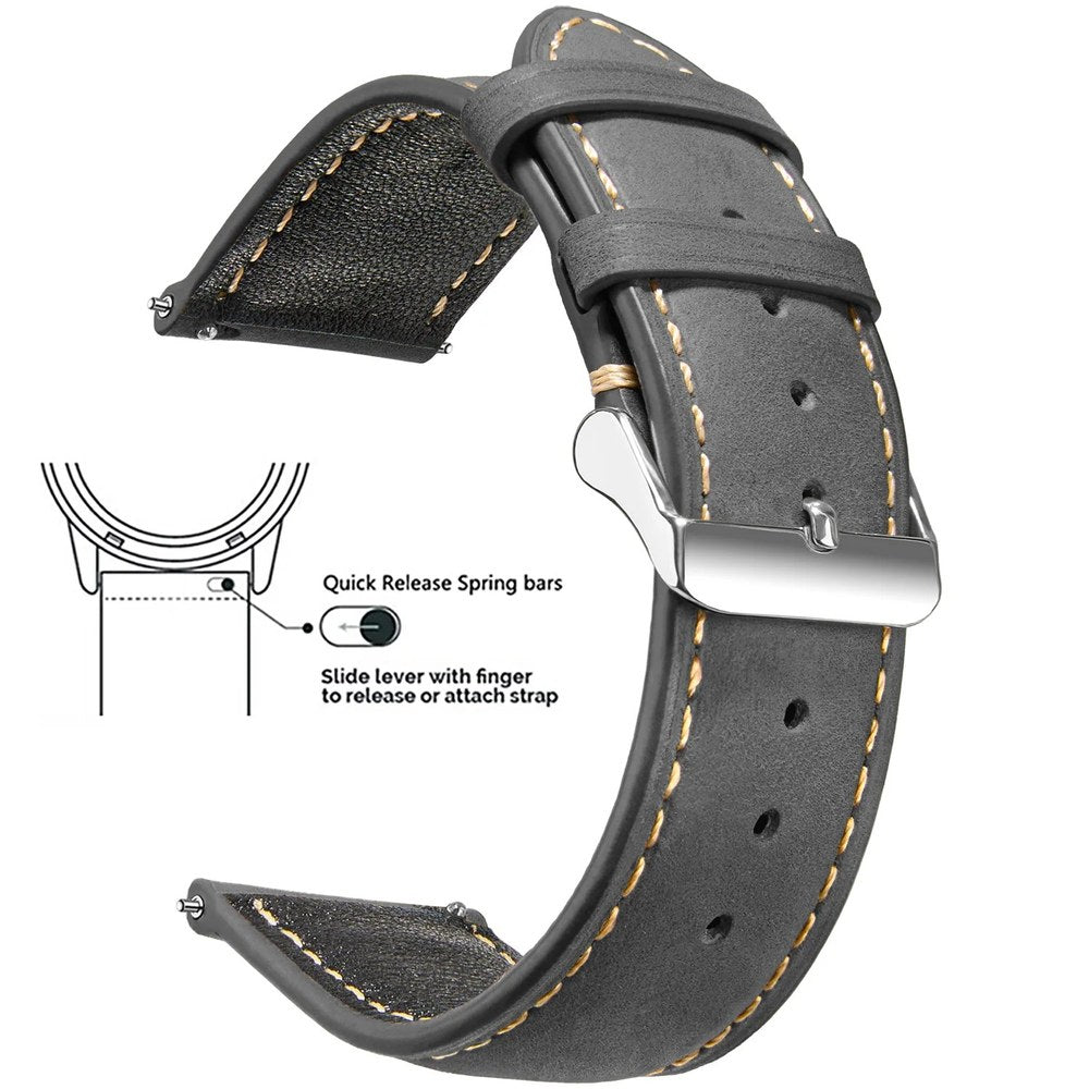 Grey waxed leather band with cream stitching and a silver buckle