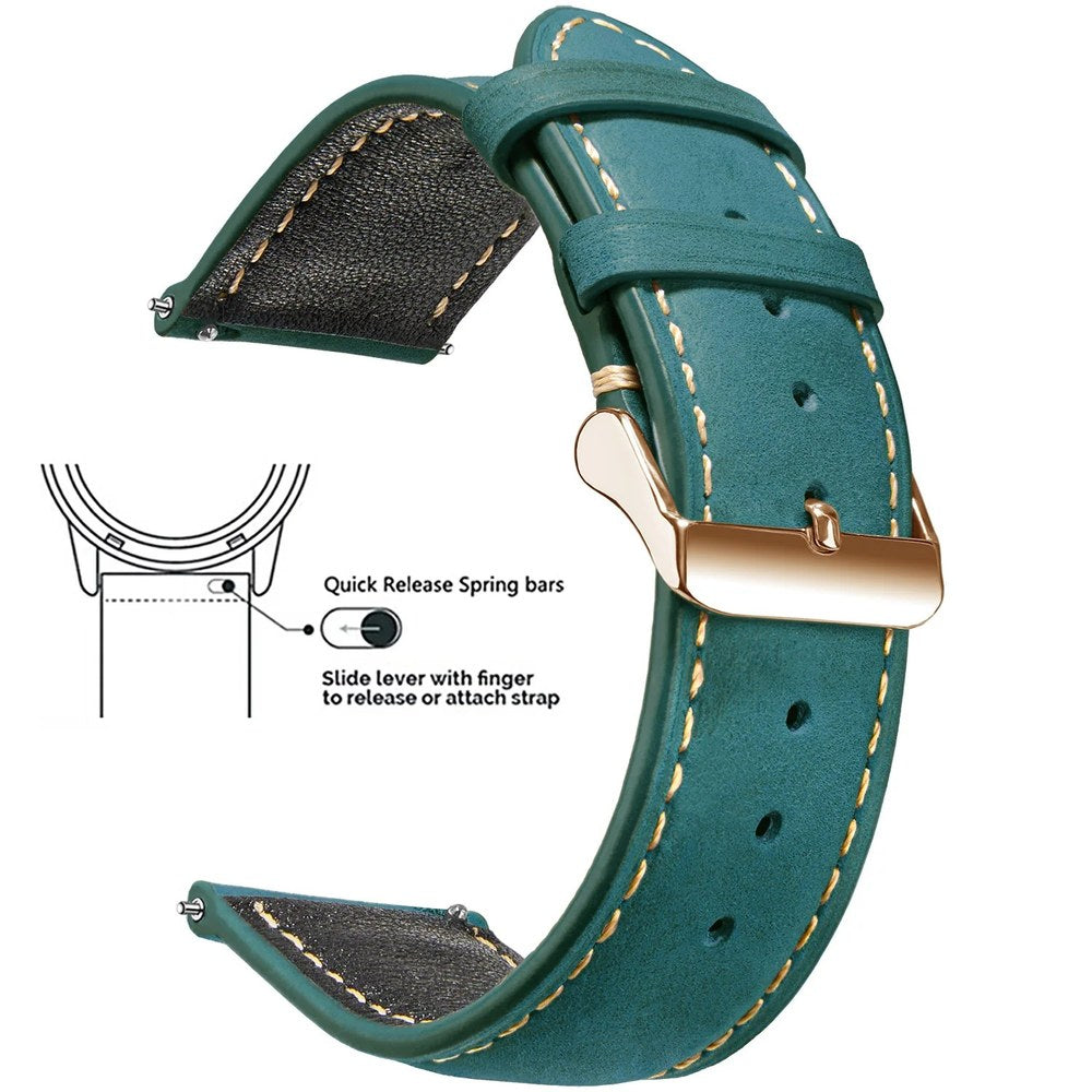 Teal blue waxed leather band with cream stitching and a rose-gold buckle