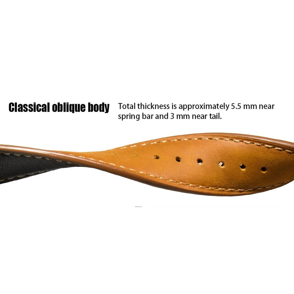 Side view of the leather band: about 5.5 mm thick near the spring bar and 3 mm near the tail