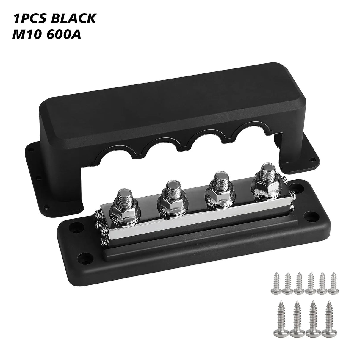One black four-post M10 600A bus bar with the cover off and ten mounting screws