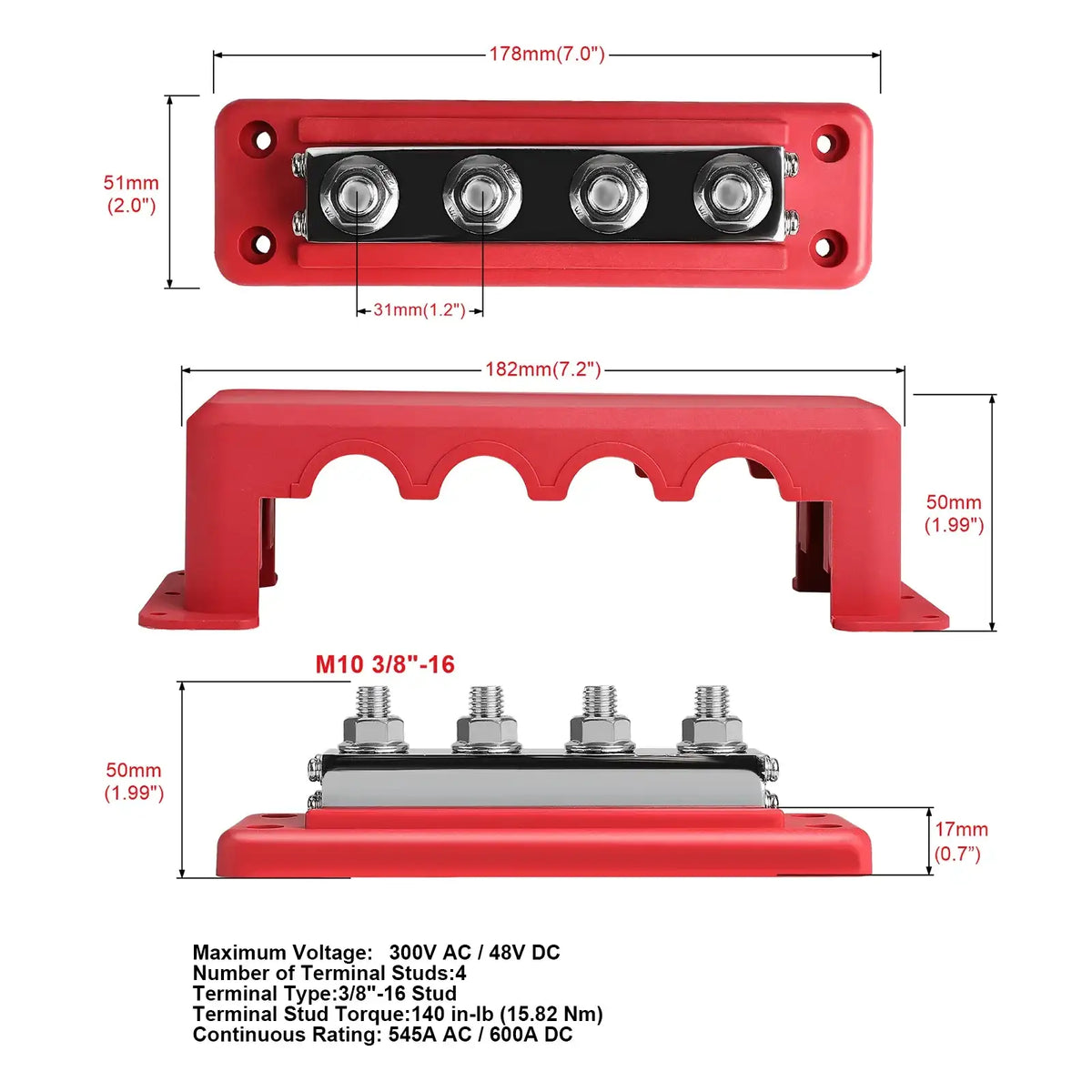 Dimension drawing of the red four-post bus bar showing base, cover and height measurements and the maker's printed ratings