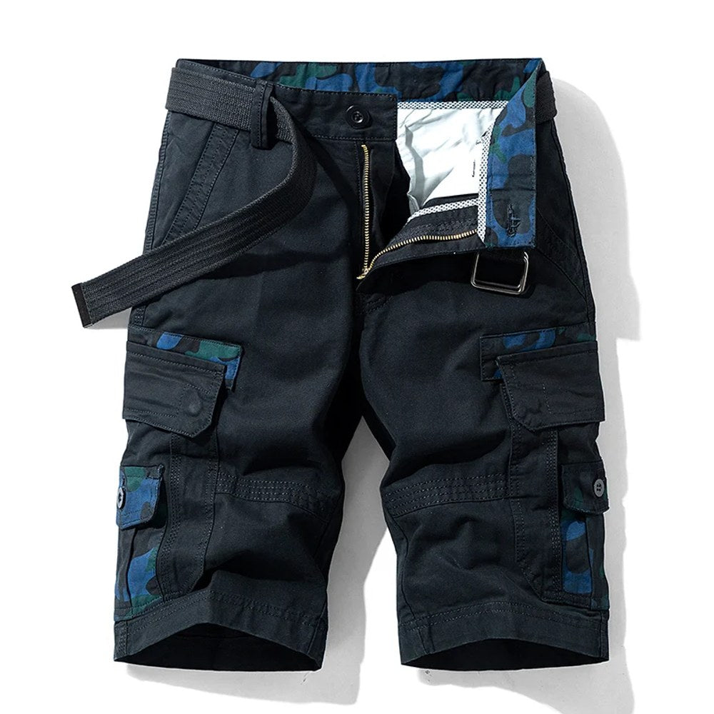 Men's cargo shorts in Black01: black cotton with blue camo pocket facings and fly
