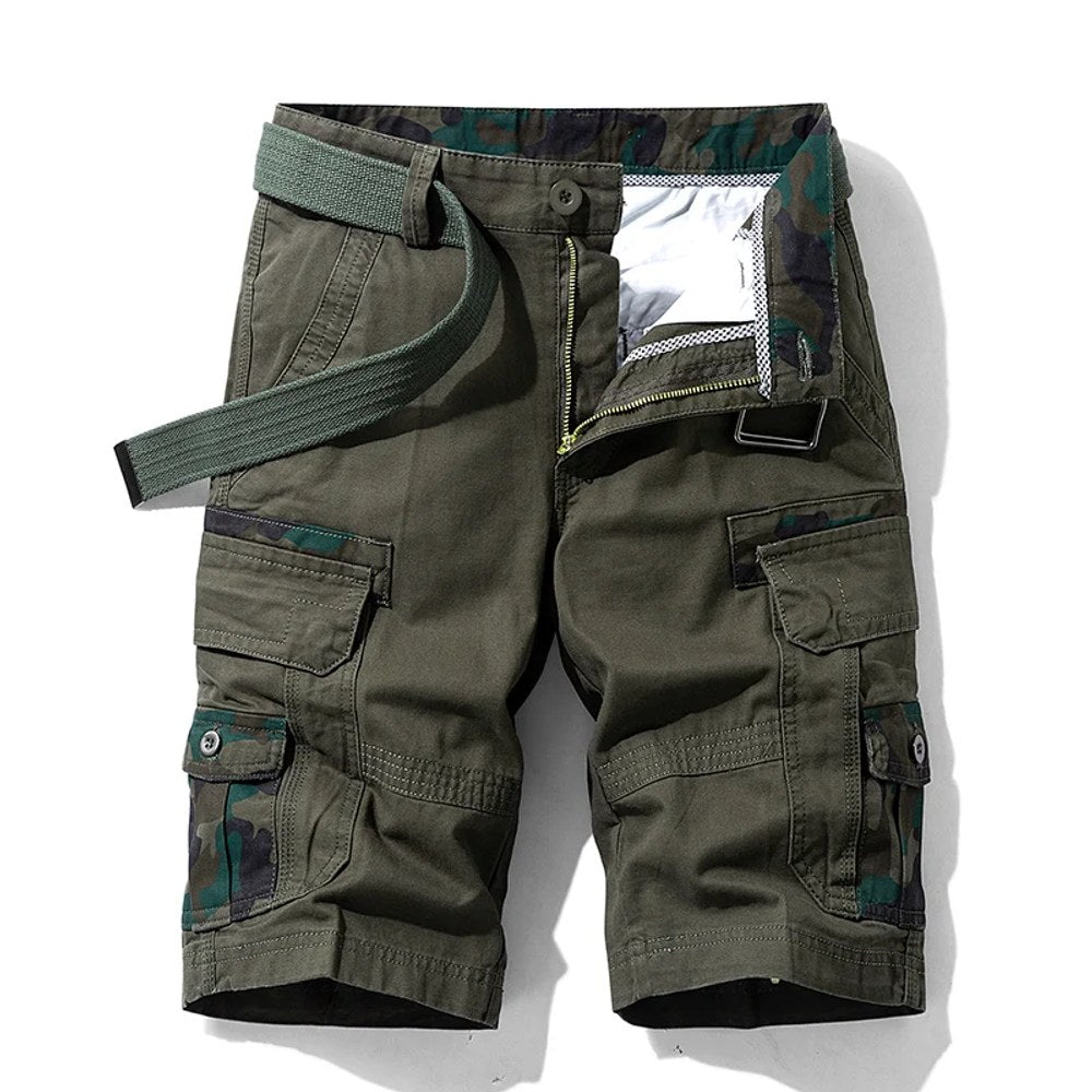 Men's cargo shorts in Green01: olive cotton with dark camo pocket facings and fly