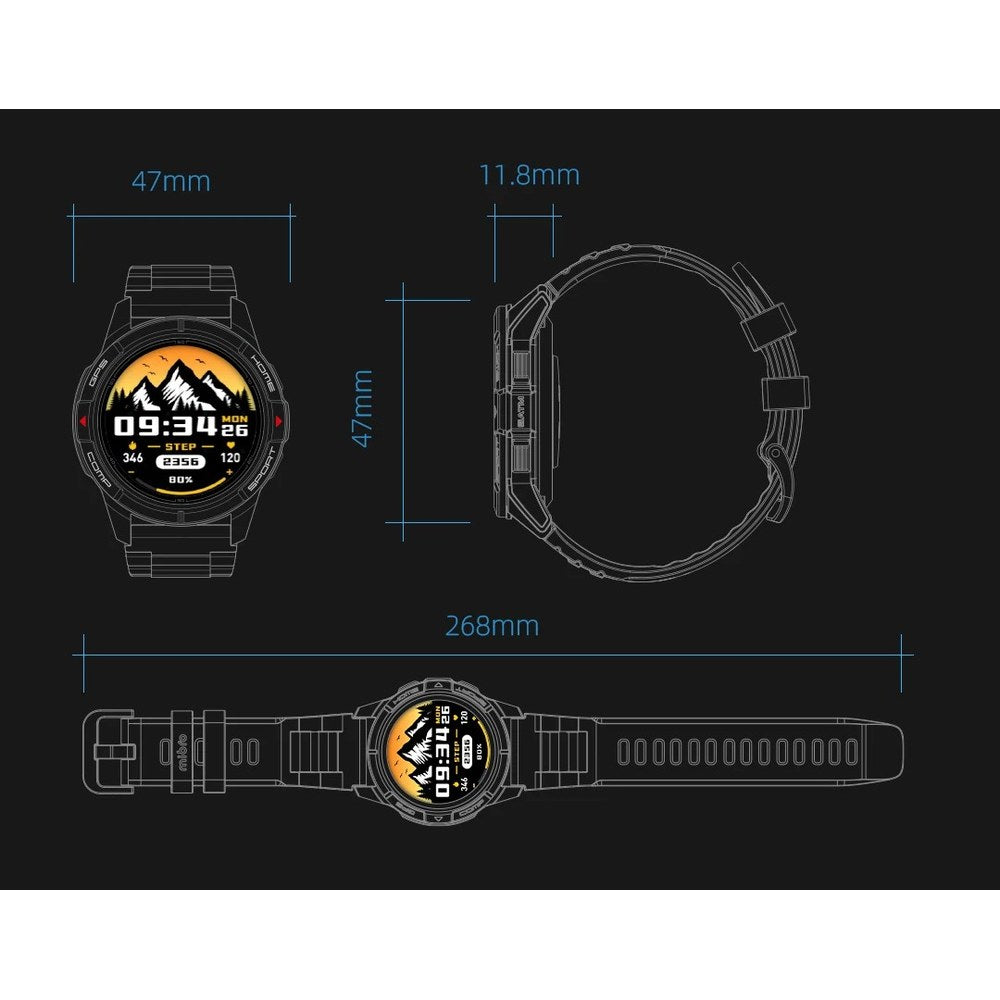 Mibro GS Active dimension drawing: 47 mm across, 11.8 mm thick, 268 mm overall with the silicone strap
