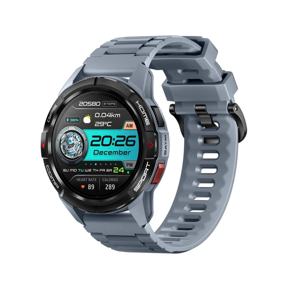Mibro GS Active in grey with a grey-blue silicone strap and a digital watch face showing time, date and steps