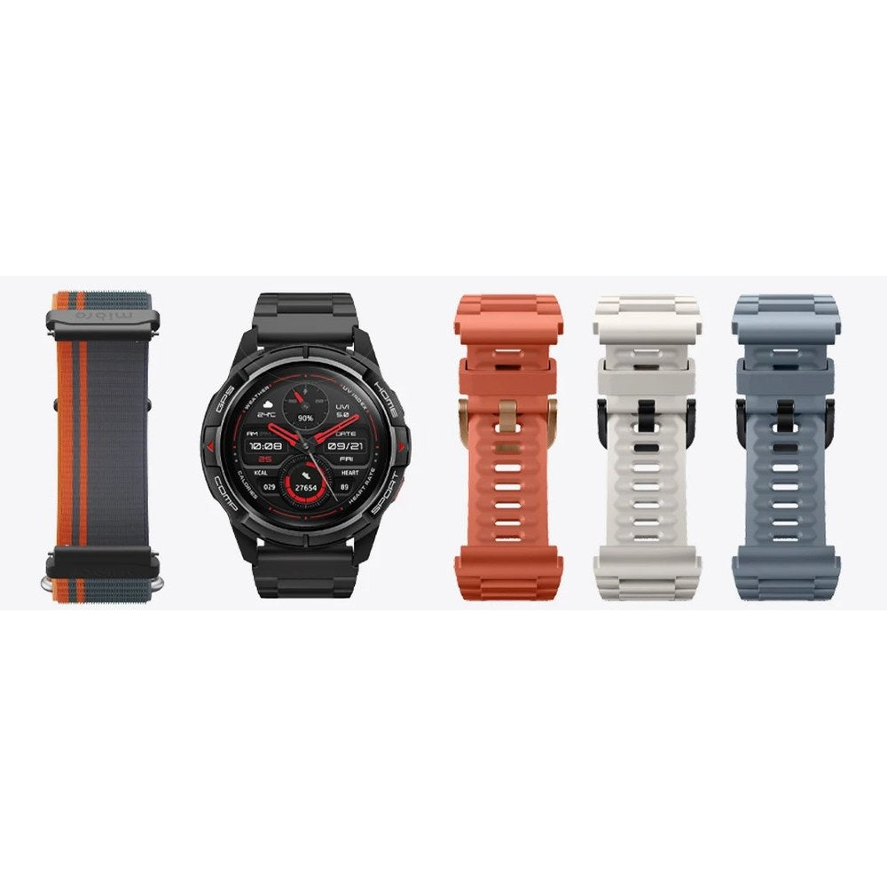 Mibro GS Active in black beside the woven nylon strap and the orange, white and grey silicone straps
