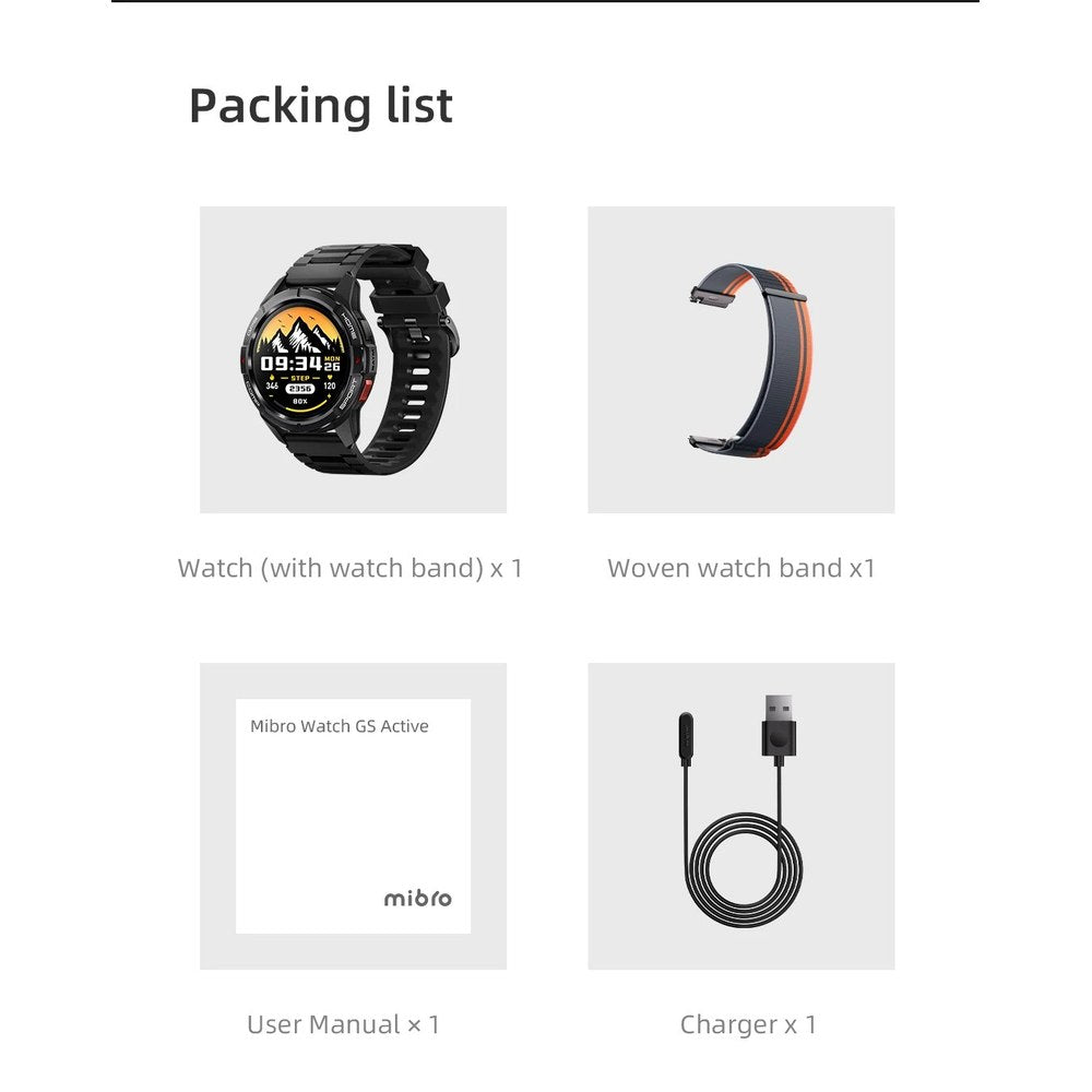 What comes in the box: Mibro GS Active watch with strap, woven strap, user manual and magnetic charging lead