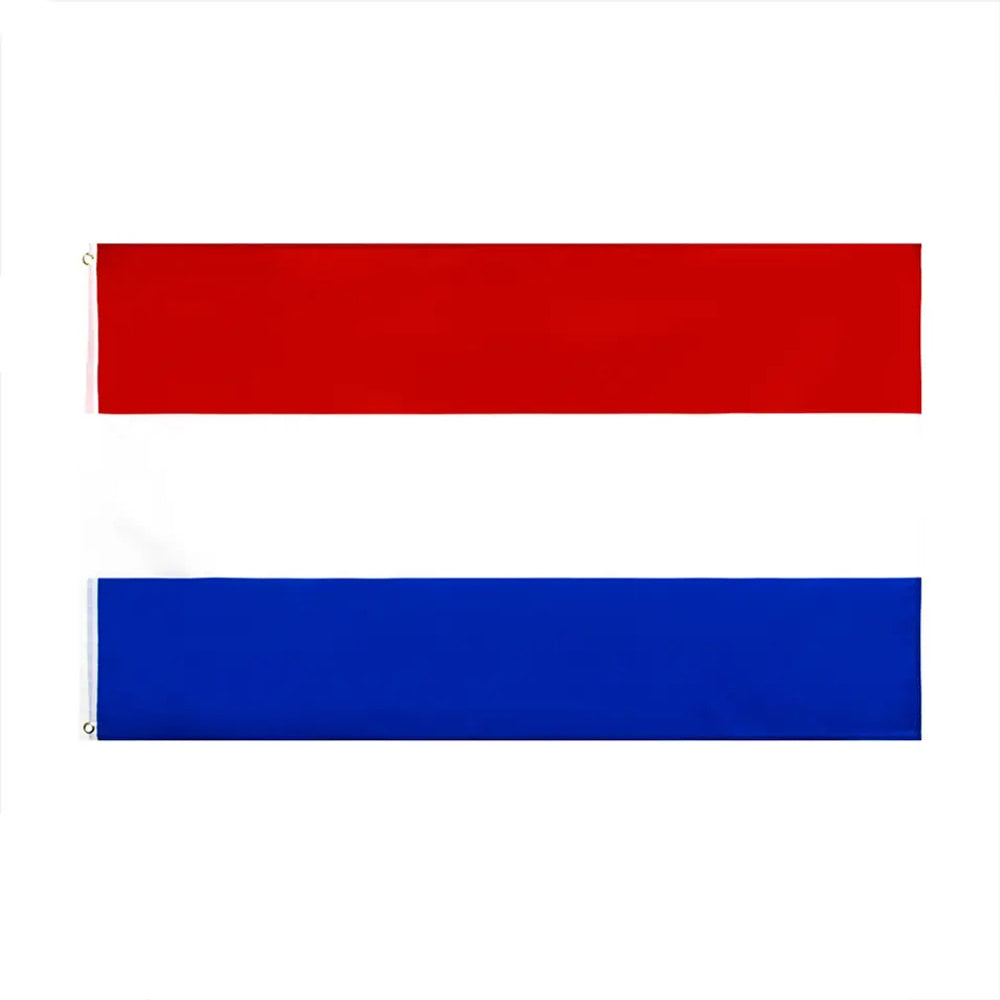 Dutch flag of the Netherlands in printed polyester on a white background: red, white and blue horizontal stripes