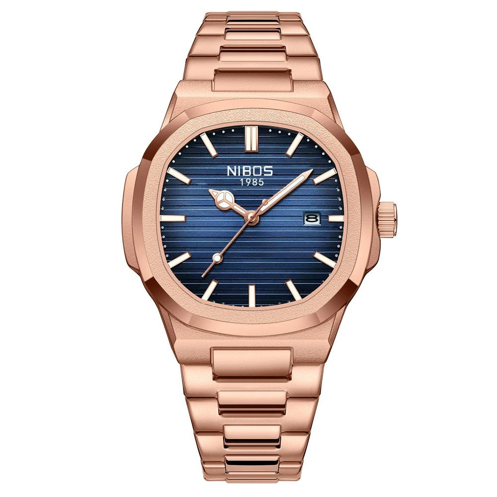 NIBOSI 2632 analogue quartz watch with blue dial and rose gold tone steel case and bracelet