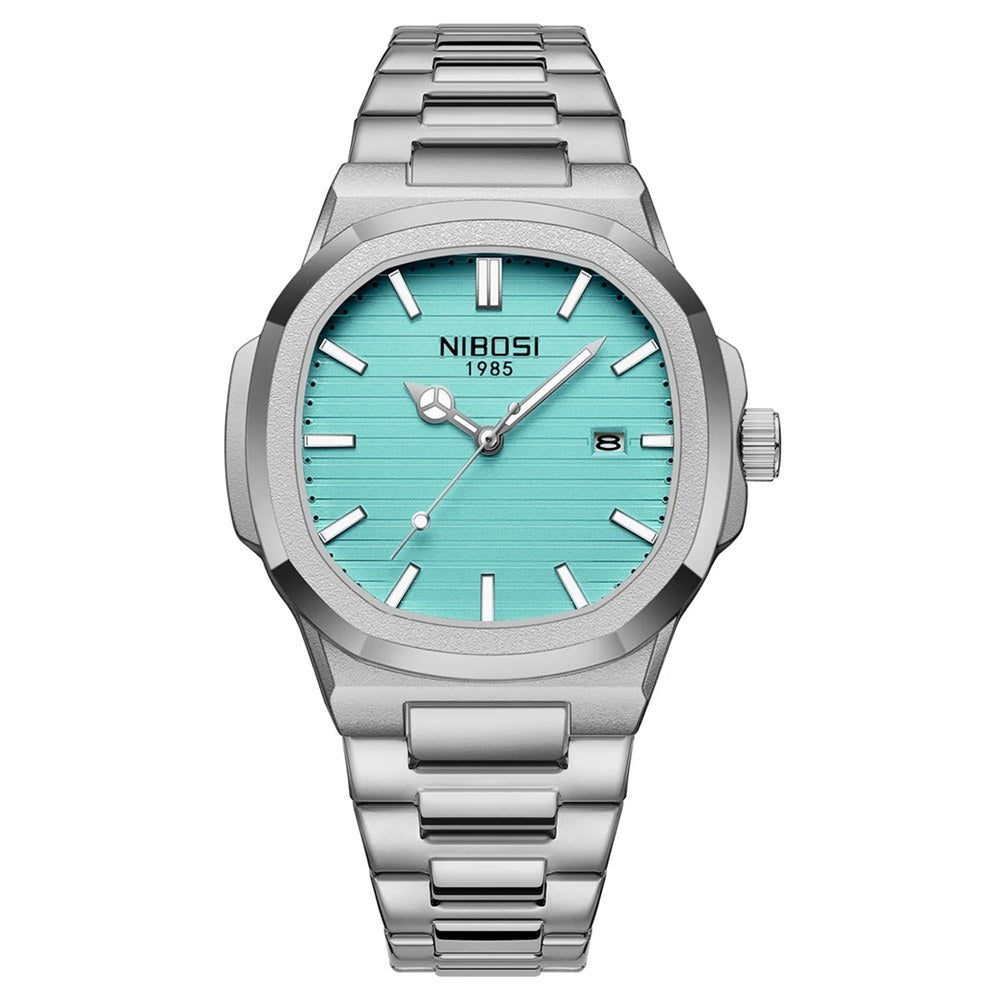 NIBOSI 2632 analogue quartz watch with turquoise dial and silver stainless steel case and bracelet