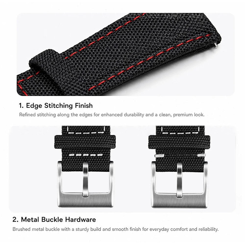 Close-up of the edge stitching in red and white, and the brushed metal tang buckle