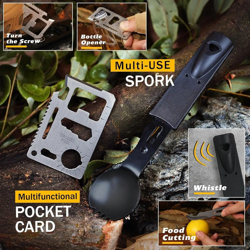 Stainless multi-tool card and black spork with whistle handle, insets of the card and the spork blade in use