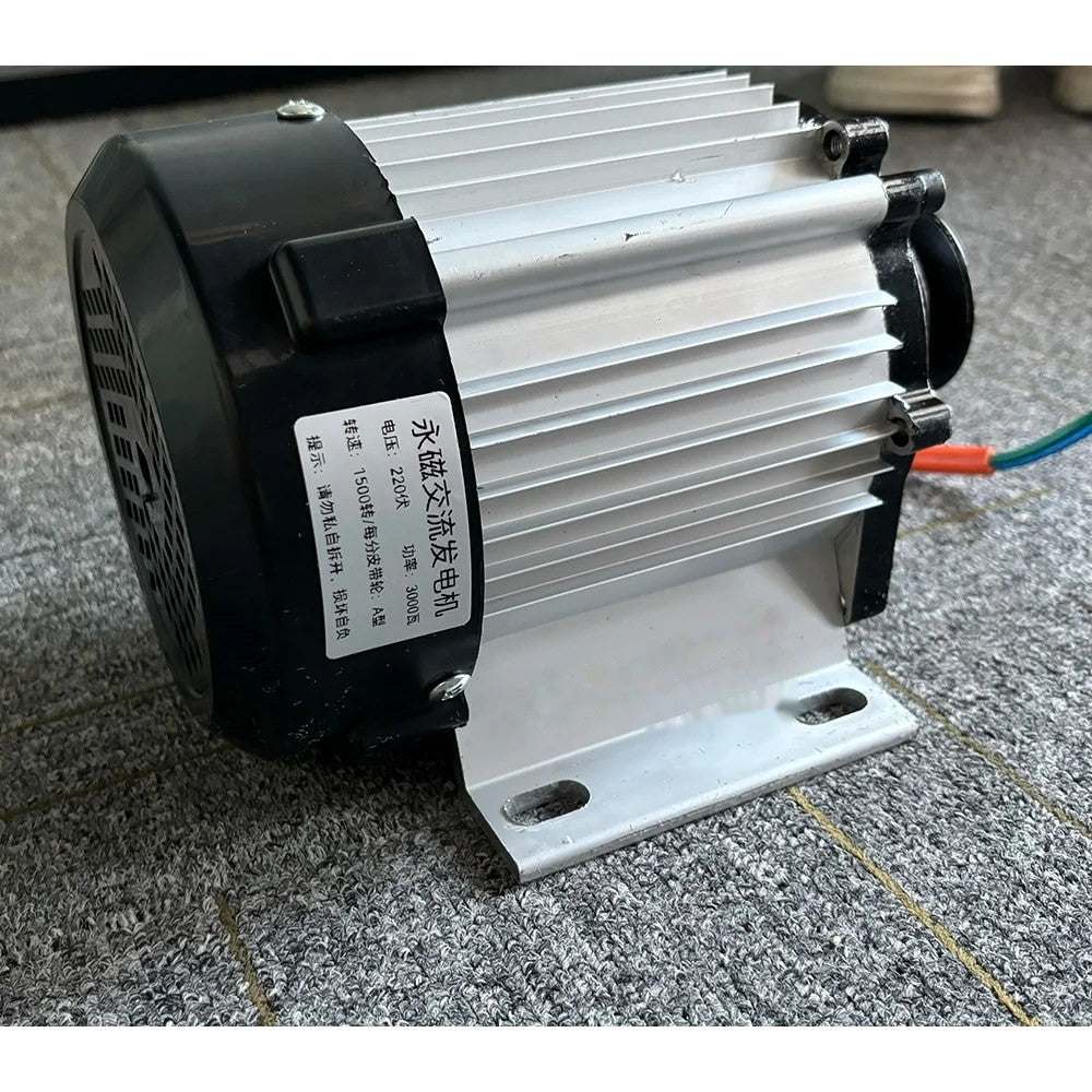 Rear of the generator head showing the black end cover, the nameplate and the slotted foot base