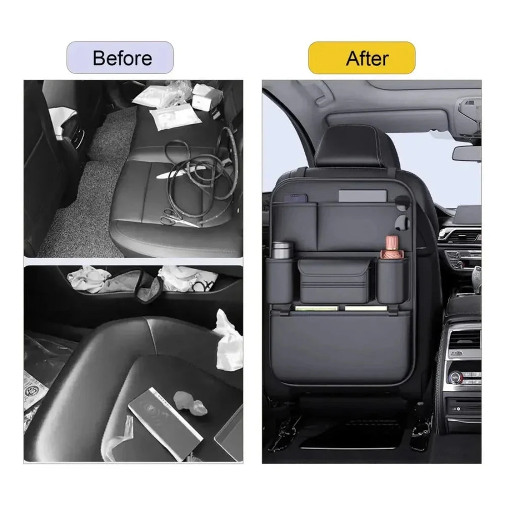 Before and after: a cluttered car back seat, then the same seat with the organiser fitted
