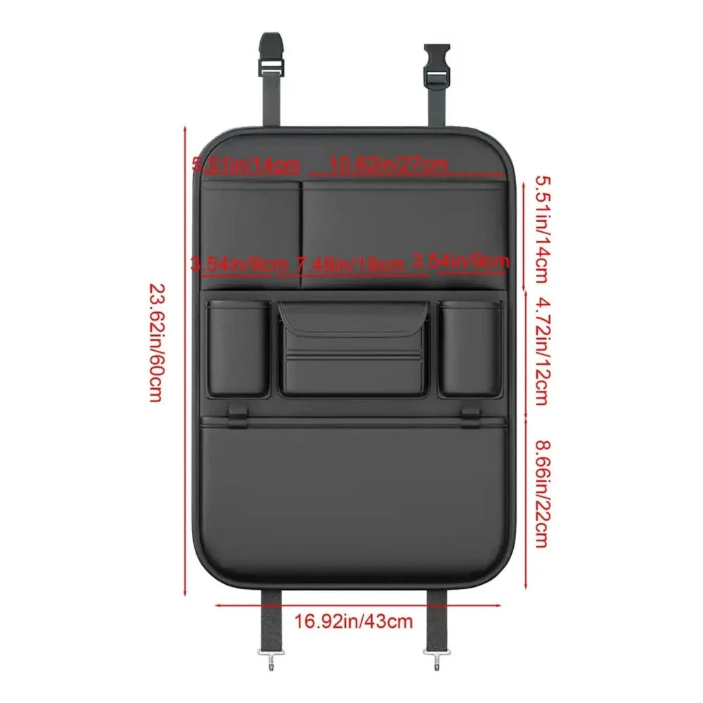 Dimension drawing of the black PU seat back organiser: 60 cm tall, 43 cm wide, with pocket sizes