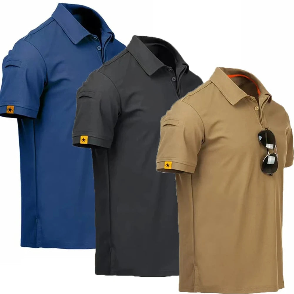 Three quick-dry polo shirts in blue, black and khaki, side by side