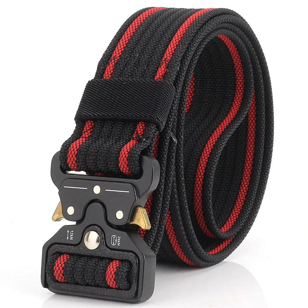 Black nylon quick-release belt with a red stripe down each edge, coiled, black buckle with gold release levers