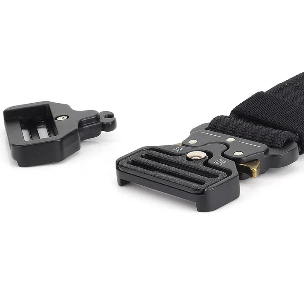 The quick-release buckle pulled apart into its two halves, showing the slot and the tongue with the two gold release levers