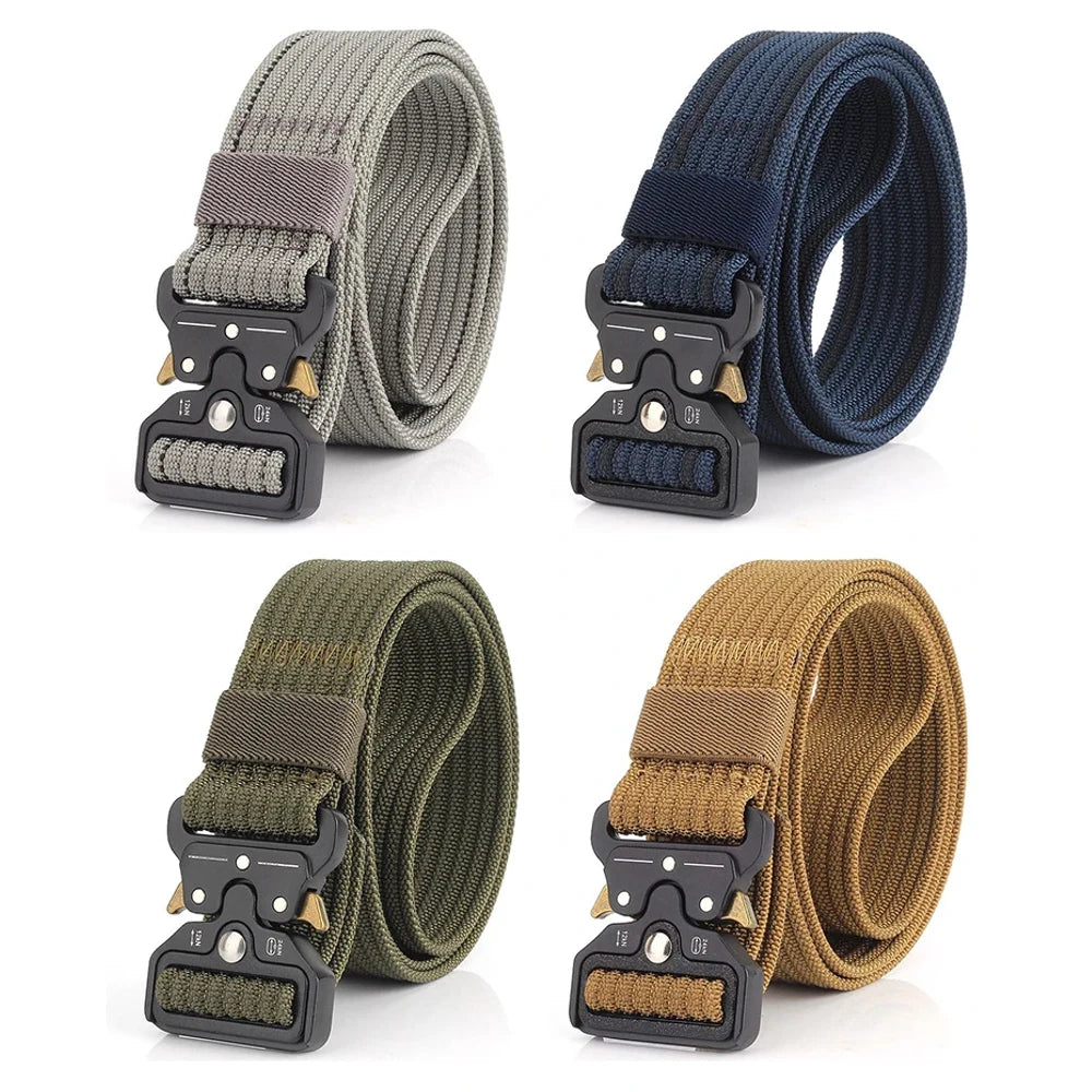 Four plain-colour quick-release belts: grey, blue, army green and wolf brown tan, each coiled with the black buckle at the front
