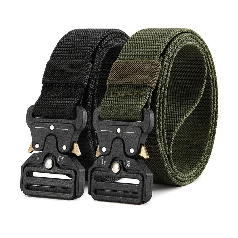 Black and army green webbing belts side by side, each with a black metal quick-release buckle