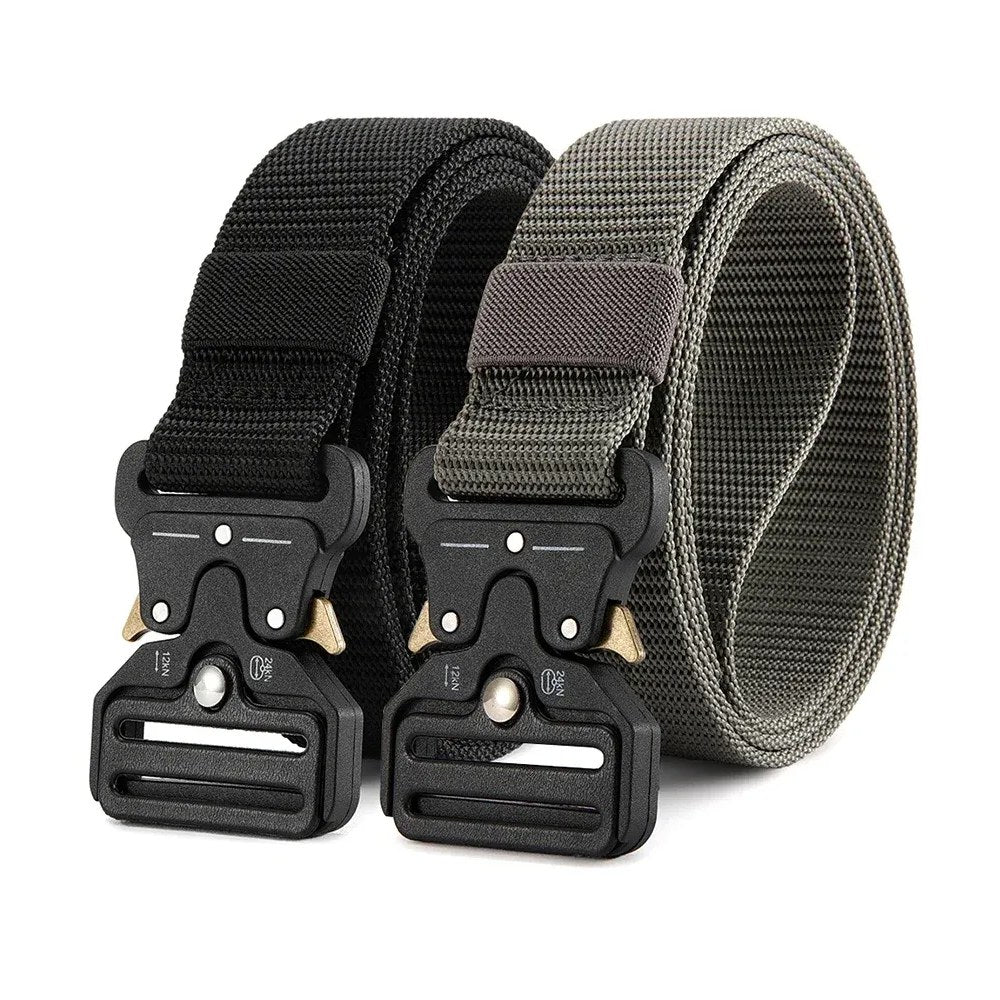 Black and grey webbing belts side by side, each with a black metal quick-release buckle