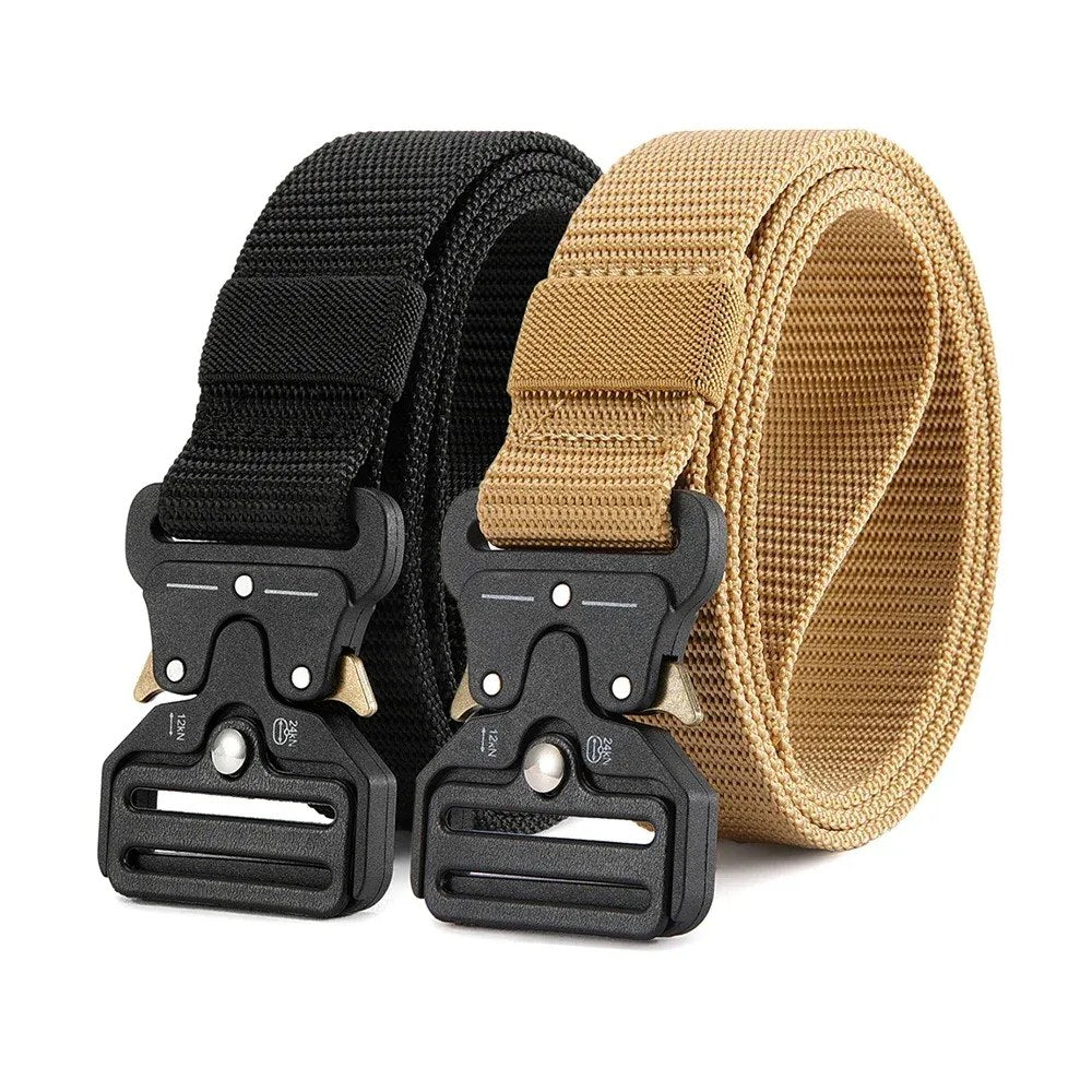 Black and khaki webbing belts side by side, each with a black metal quick-release buckle