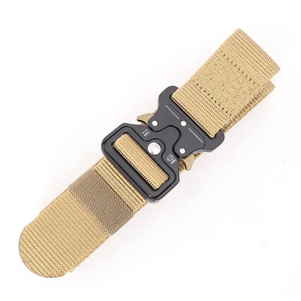 Khaki webbing belt laid flat with the buckle closed and the stitched tail end