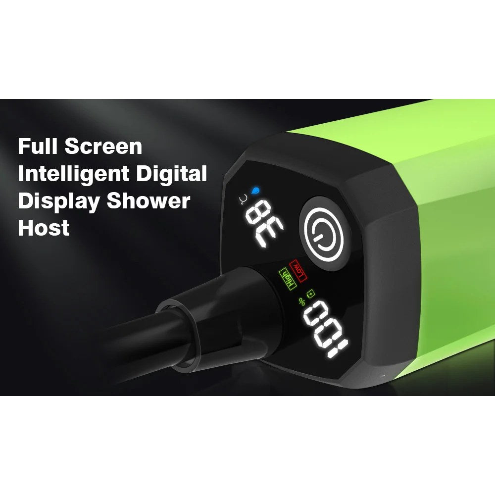 Camping shower pump display showing battery per cent and water temperature in °C