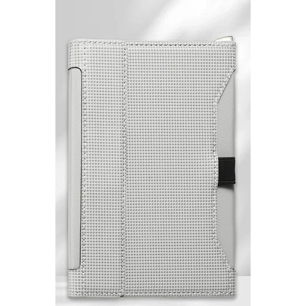 Light grey passport holder closed, woven-texture cover with a black elastic strap