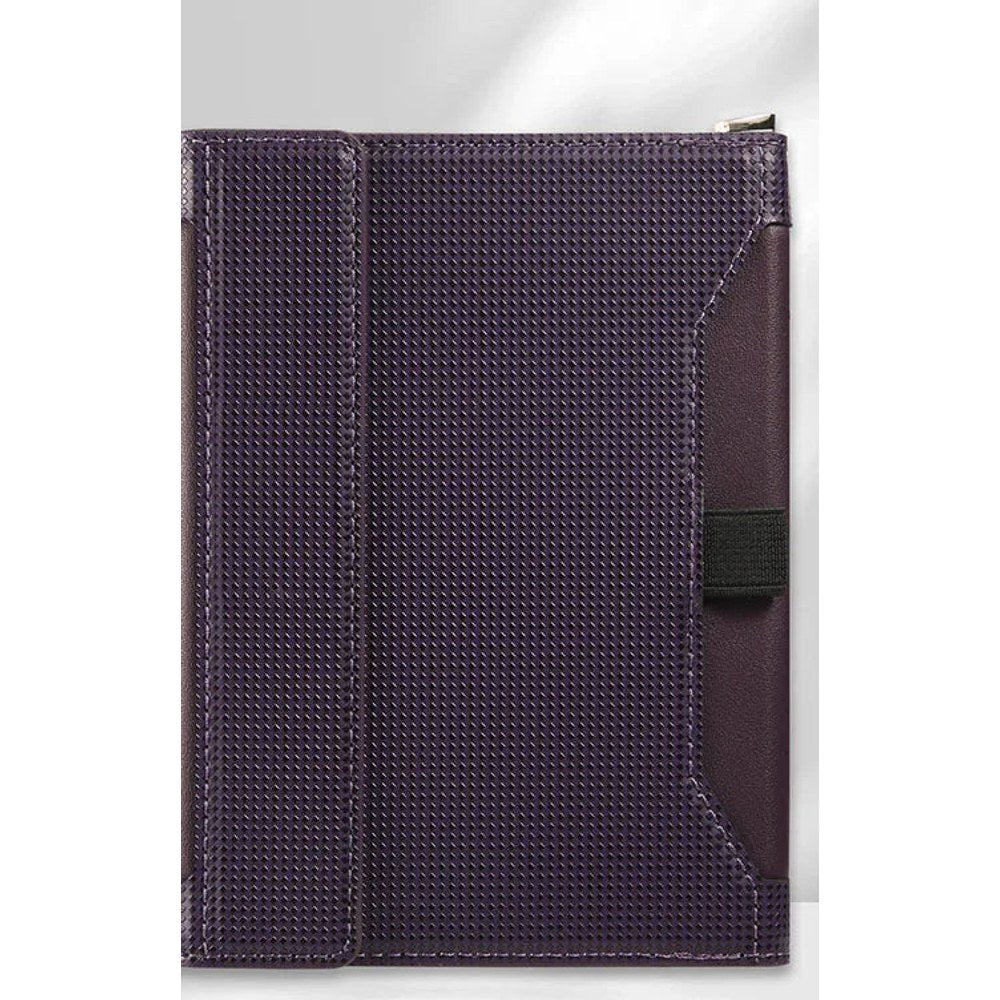Dark purple passport holder closed, woven-texture cover with a black elastic strap