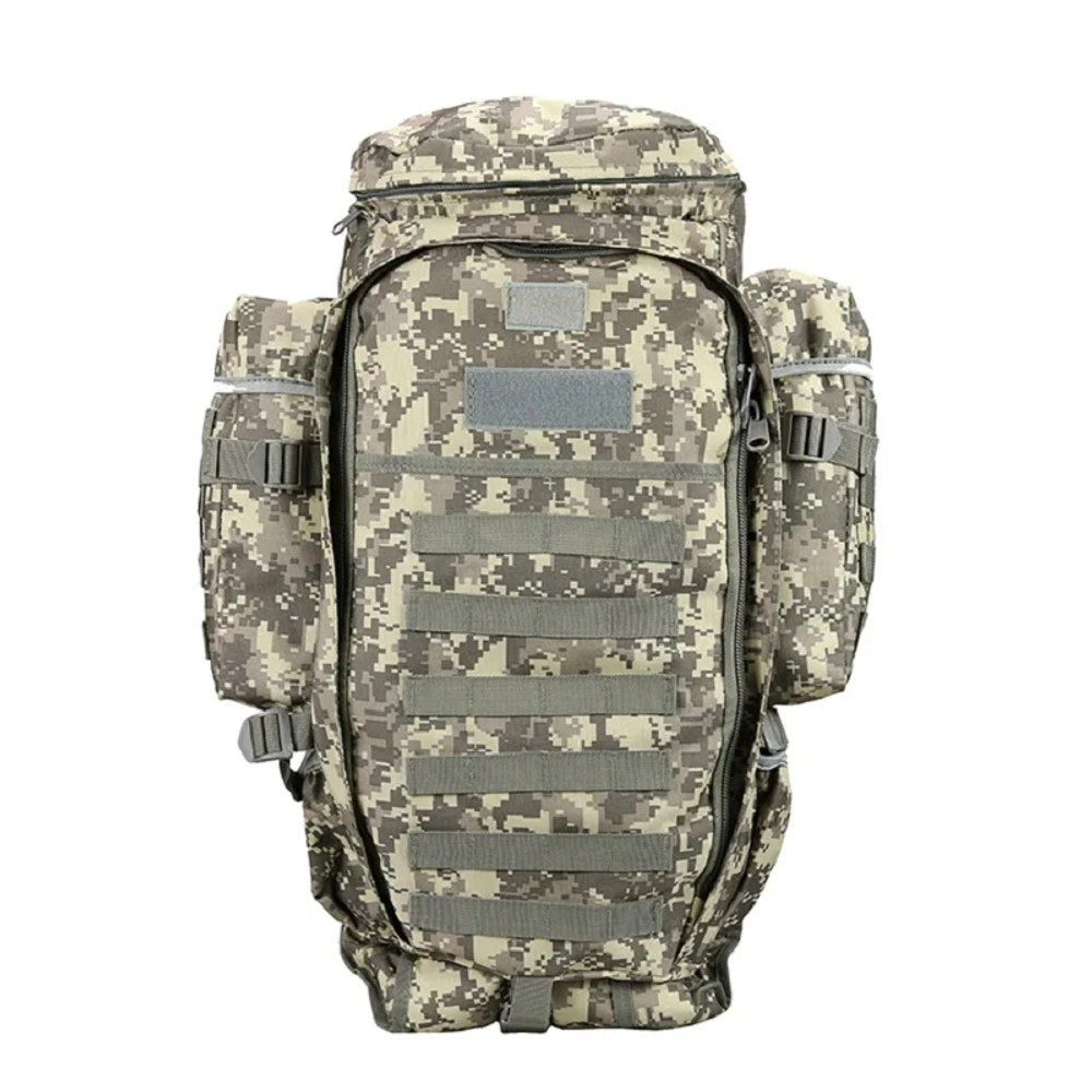 ACU digital camo tactical backpack, front view with MOLLE webbing and side pouches