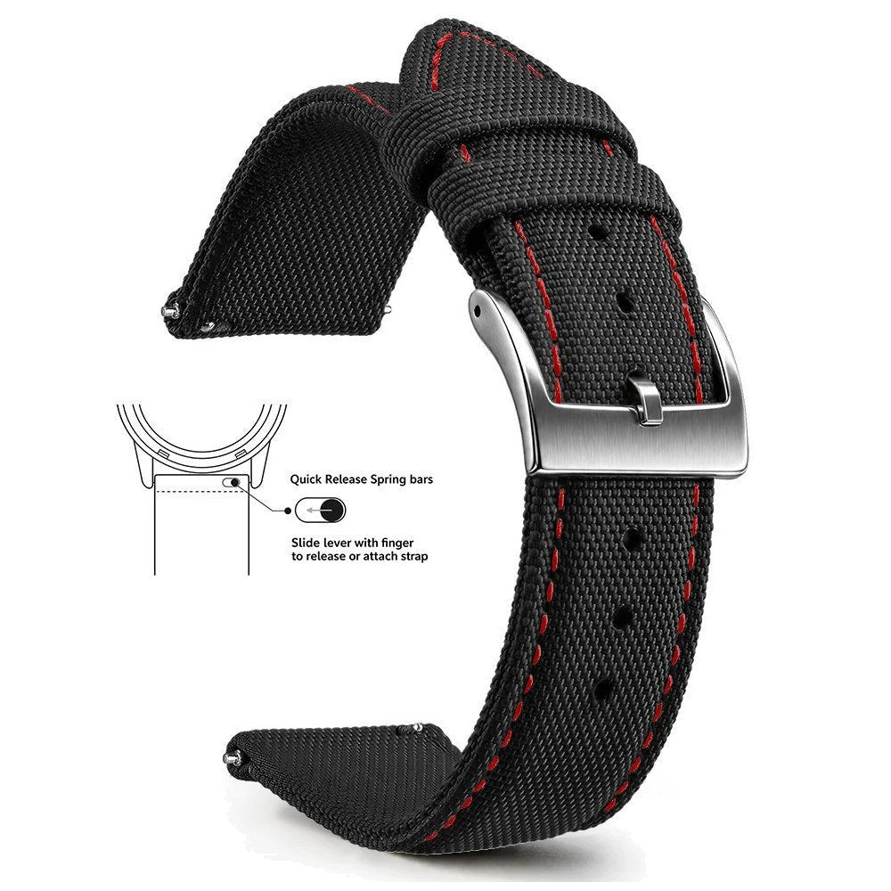 Black, Red Stitching, Silver Buckle nylon sailcloth watch band