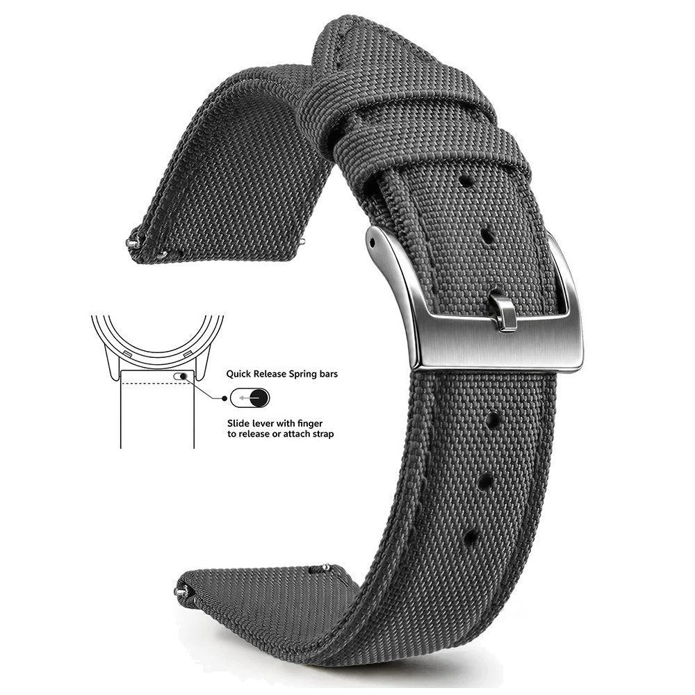 Grey, Silver Buckle nylon sailcloth watch band
