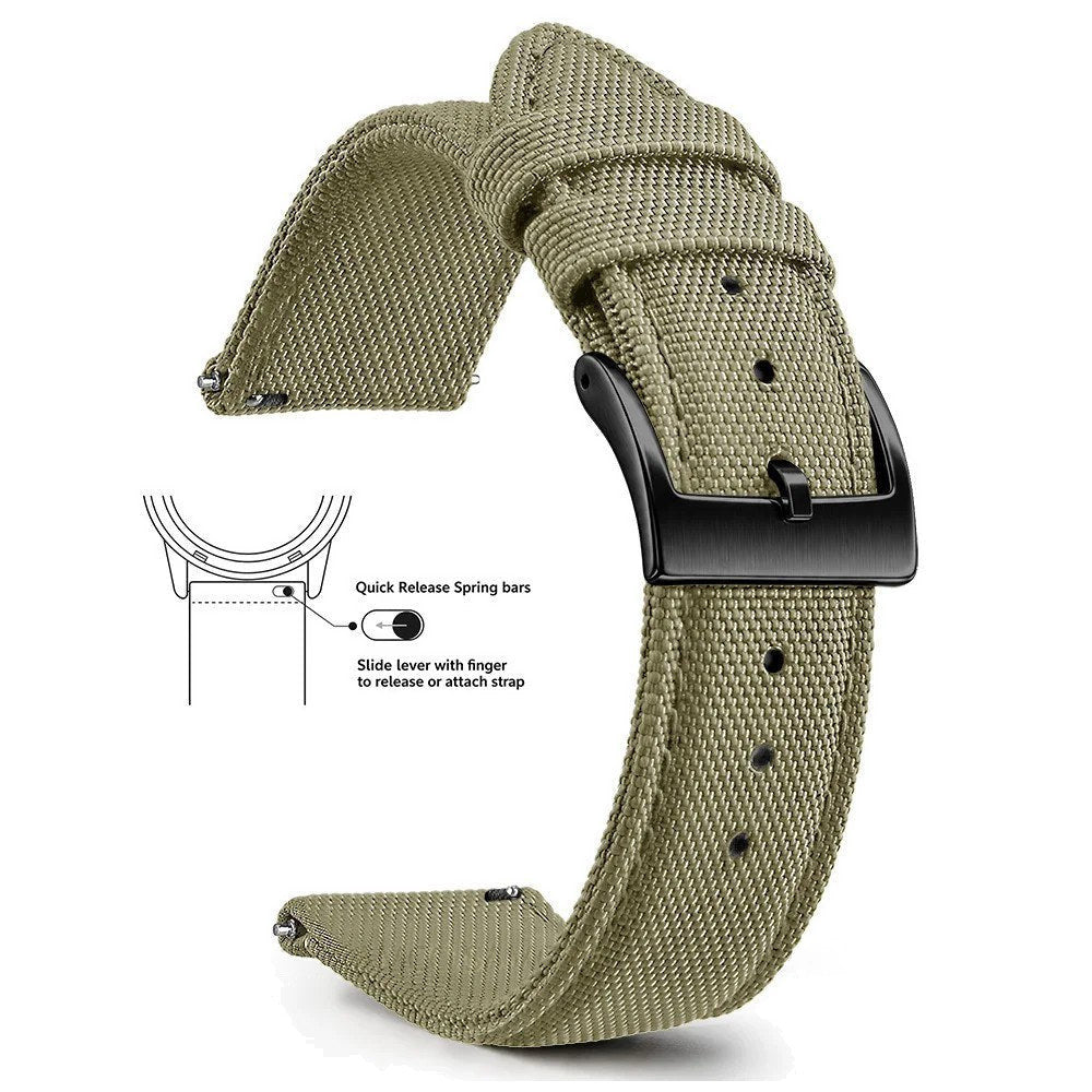 Khaki, Black Buckle nylon sailcloth watch band